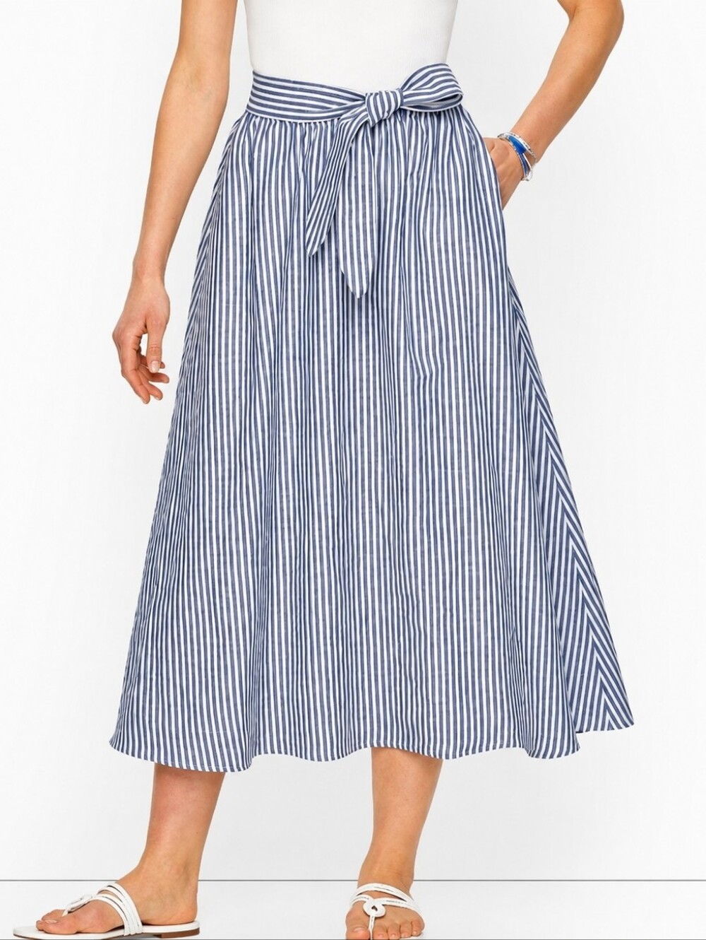 Talbots Plus X (12W) Candy Stripe Linen Midi Skirt Blue White Preppy Coastal